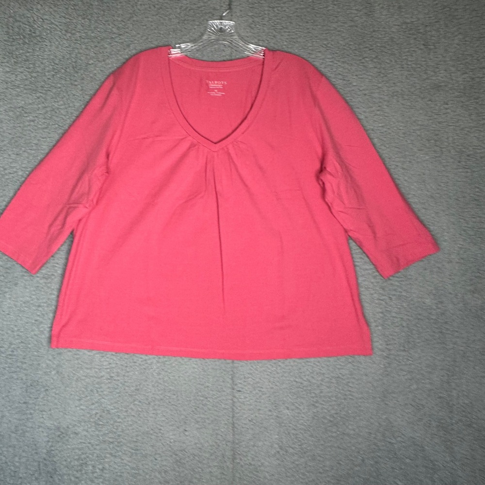 Talbots Woman Petites Pink V-Neck 3/4 Sleeve Pleated Knit Top Size 2X